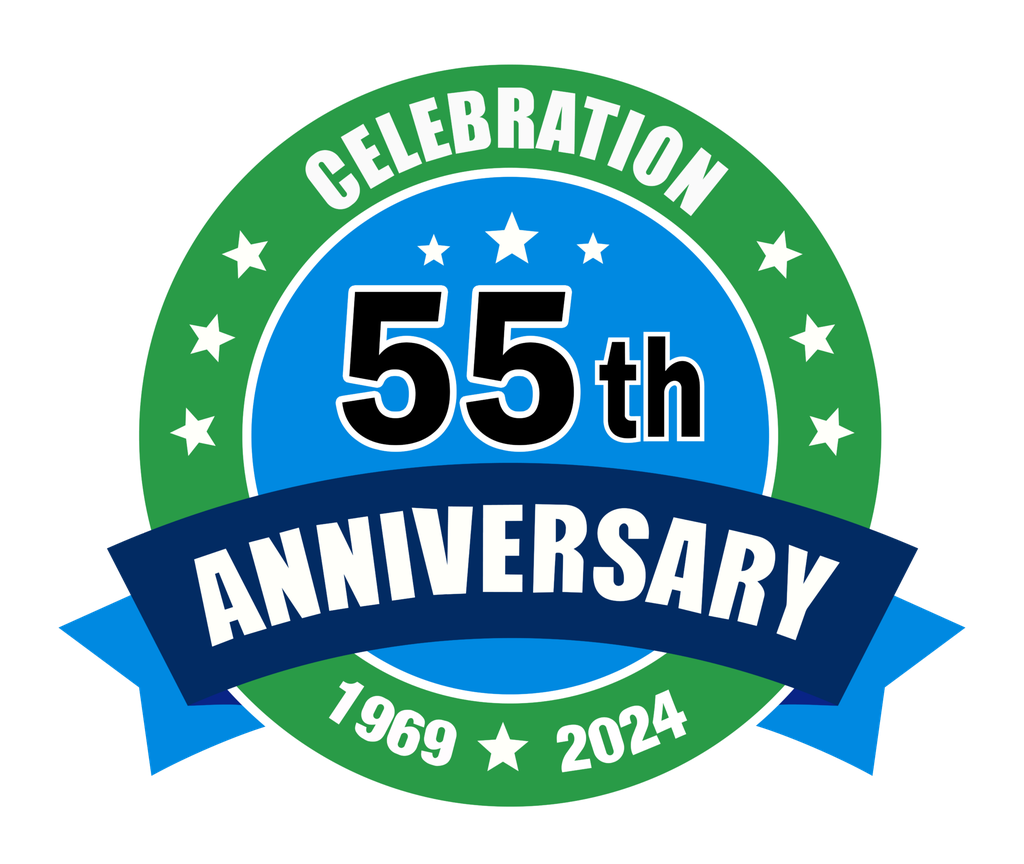 A circular badge with green and blue colors, stars, and text reading Celebration 55th Anniversary 1969 - 2024. A blue ribbon displays Anniversary across the center, highlighting Miami Dade’s trusted pest control legacy.