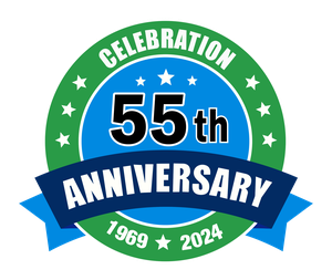 A circular badge with green and blue colors, stars, and text reading Celebration 55th Anniversary 1969 - 2024. A blue ribbon displays Anniversary across the center, highlighting Miami Dade’s trusted pest control legacy.
