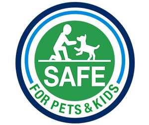 A round green and blue badge with a person and a dog, the words SAFE FOR PETS & KIDS below them—perfect for Miami pest control that keeps your loved ones safe.