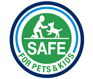 A round green and blue badge with a person and a dog, the words SAFE FOR PETS & KIDS below them—perfect for Miami pest control that keeps your loved ones safe.
