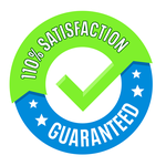 A circular badge with a green check mark and the text 110% Satisfaction in green on top and Guaranteed in blue on the bottom, with white stars on the blue section—perfect for any Miami or South Florida business.