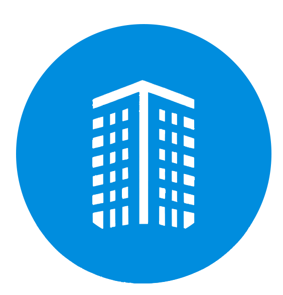 White icon of a tall building with many windows, centered on a solid blue circular background. Perfect for representing miami dade offices, apartments, or pest control services in Miami. The building has two wings forming an angled corner.