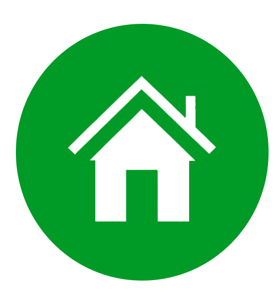 A simple white house icon with a roof and chimney, perfect for a Miami pest control service, is centered inside a solid green circle on a light gray background.