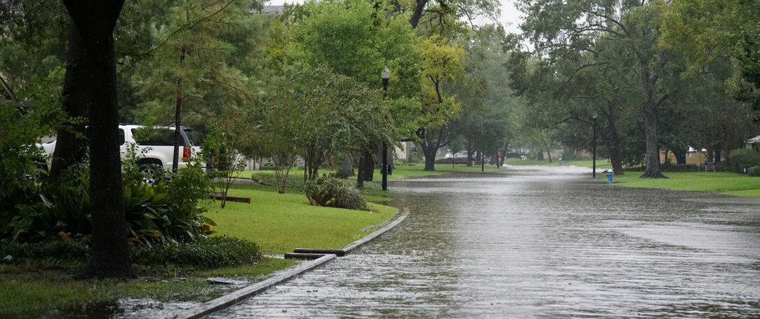 A residential street in South Florida is flooded with water reaching the sidewalks; trees and grass line the road, and a white SUV is parked on the left side. It appears to be a rainy Miami day.