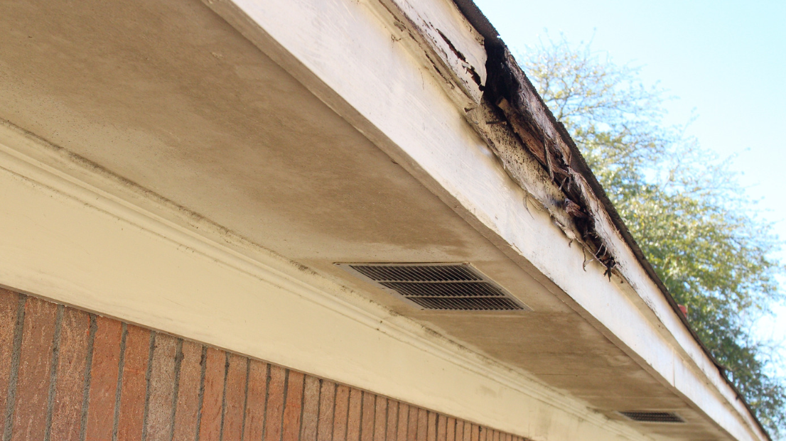 A close-up of a house roof in Miami Dade shows visible water damage and rotting wood along the fascia. The stained soffit and vent are clear, highlighting issues common in South Florida’s climate. Part of a tree and a clear sky complete the scene.