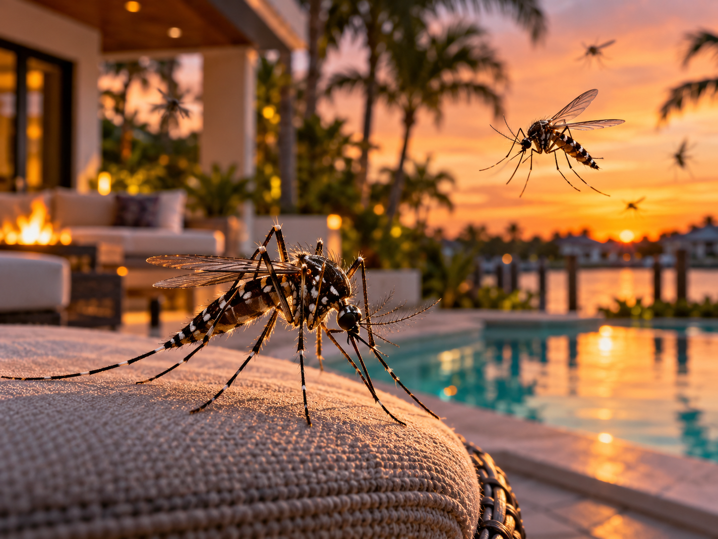 A mosquito perched on outdoor furniture by a swimming pool at sunset, highlighting common mosquito problems with another mosquito visible in the distance.