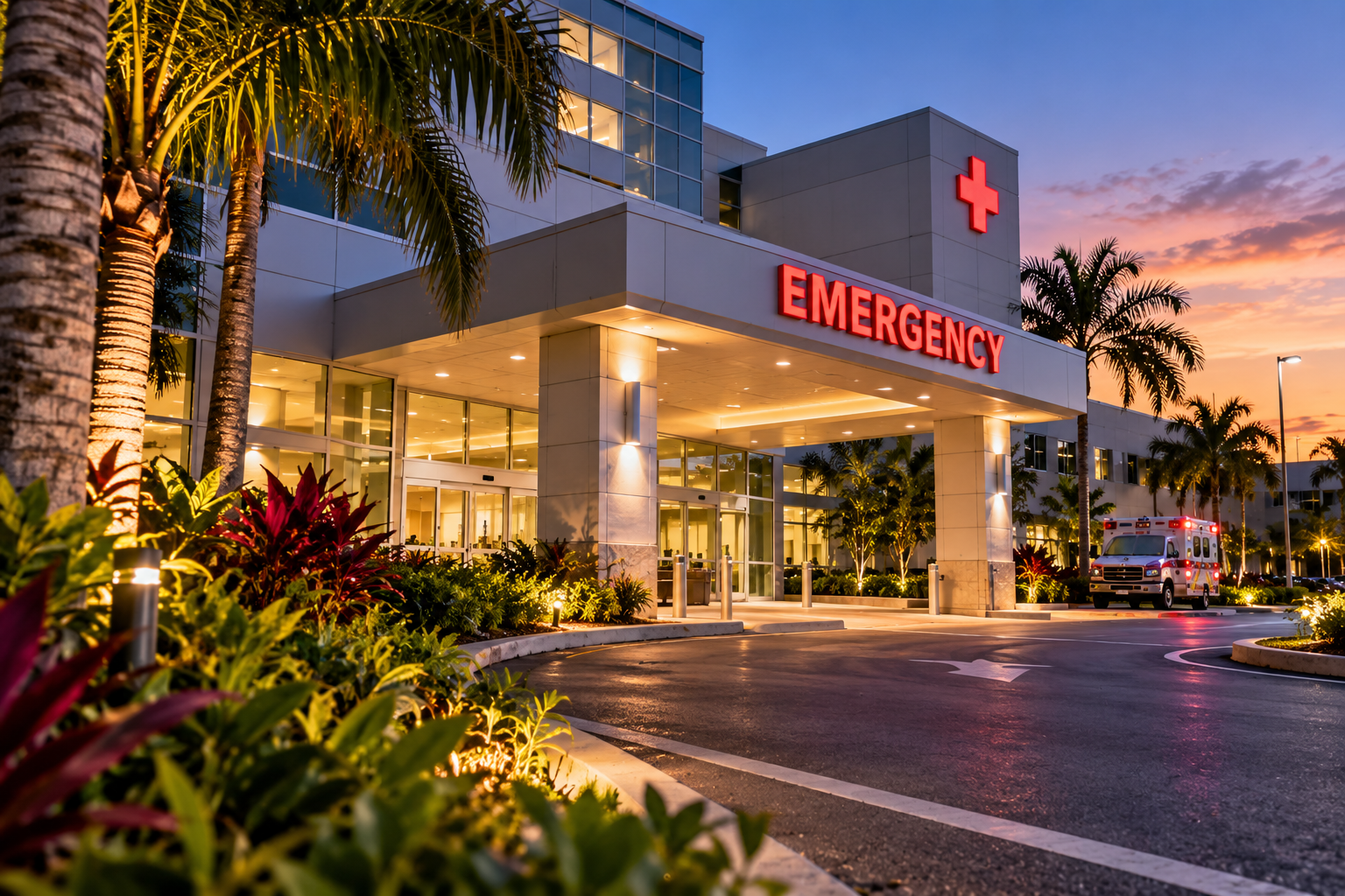 An emergency room entrance with a red sign, a lit red cross, and an ambulance parked in the driveway at sunset.