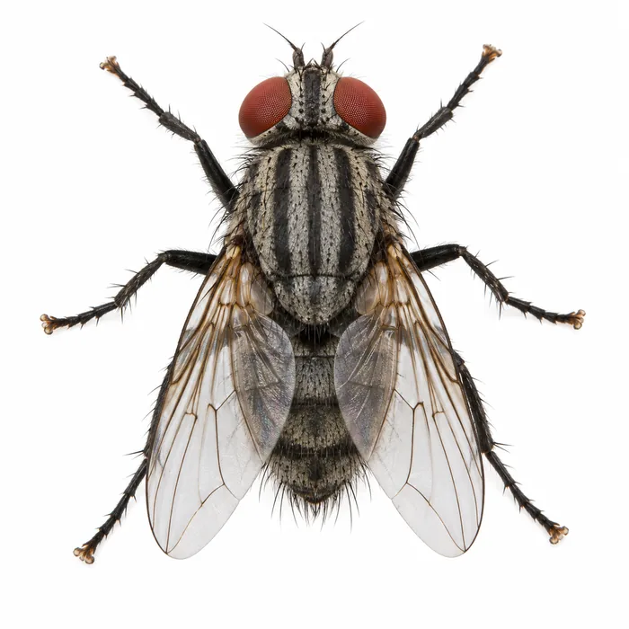 Fly with red eyes and a striped gray thorax, a common nuisance pest in South Florida homes and restaurants