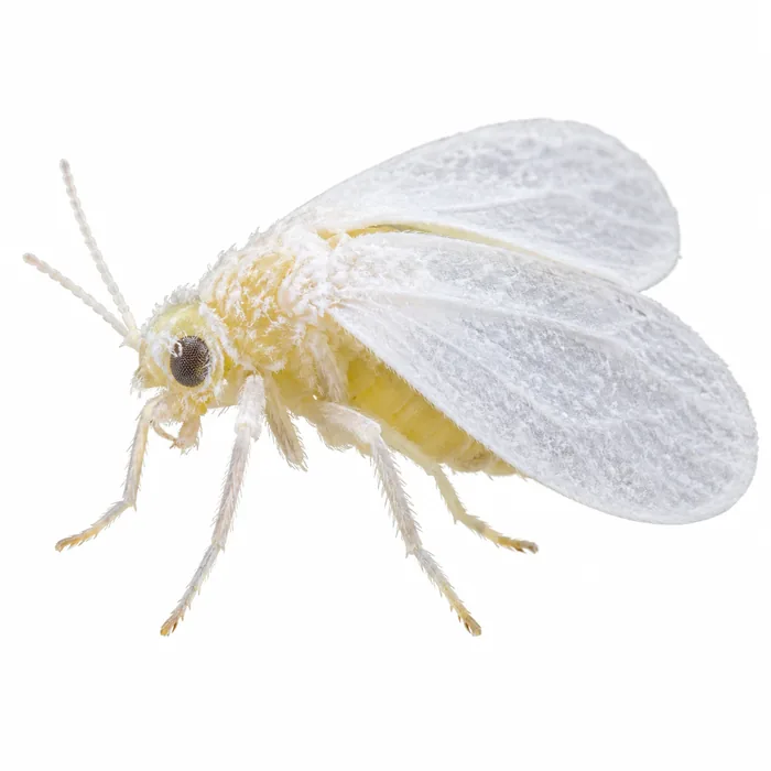 Adult whitefly, a tiny white sap-feeding insect that damages ficus hedges and landscape plants in South Florida
